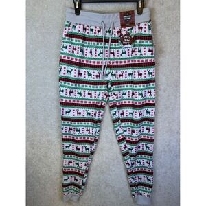 Sherpa Fleece Jogger Pajama Pants Small White Reindeer Christmas Holiday NEW